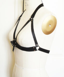 harness bra, leather bra, open cup bra, risque lingerie, women's intimates, fetish, bdsm style