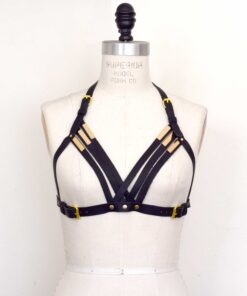 black strappy leather harness bra