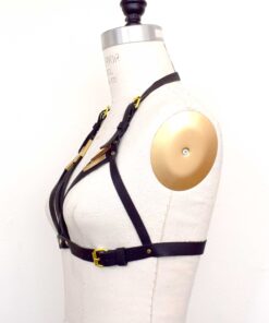 black strappy leather harness bra