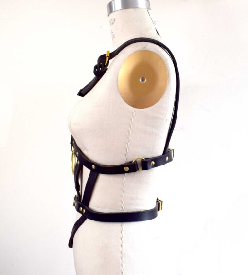 black leather body harness