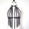 leather fringe bra, black body harness, fetish cupless bra