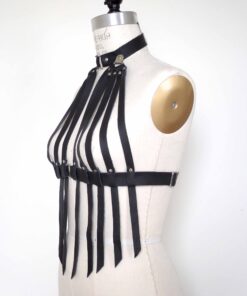 leather fringe bra, black body harness, fetish cupless bra