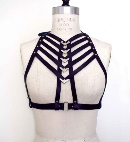 high neck black leather harness bra, love lorn lingerie