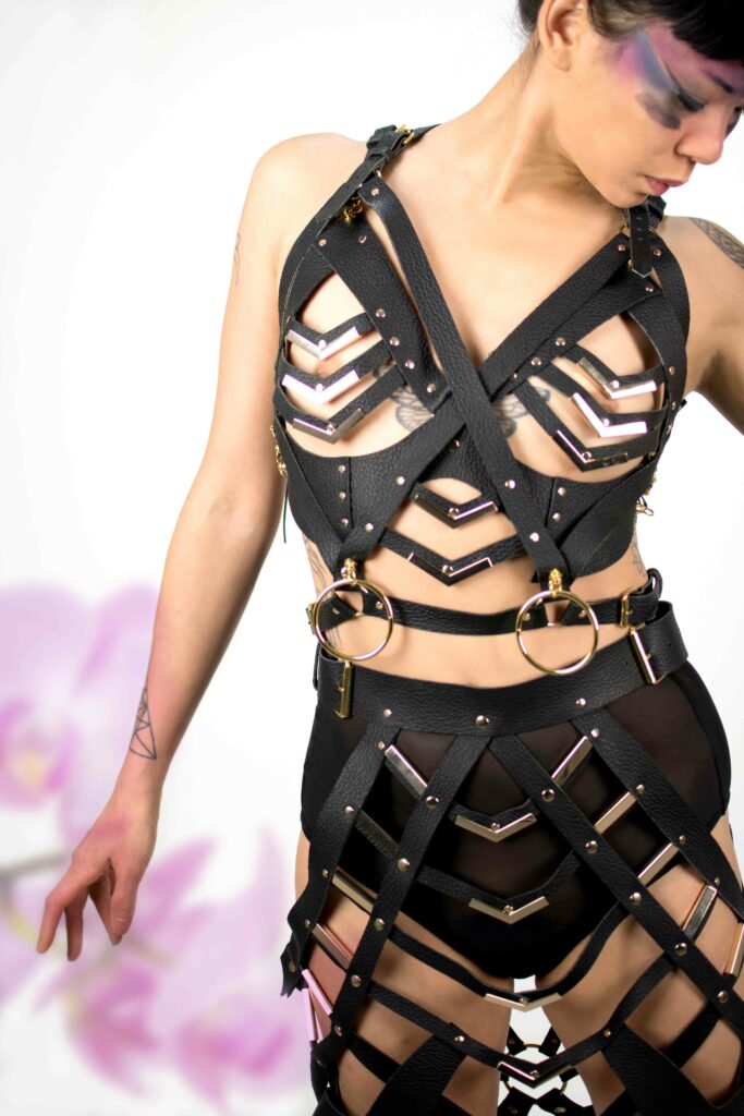Black Leather body harness, lovelornlingerie