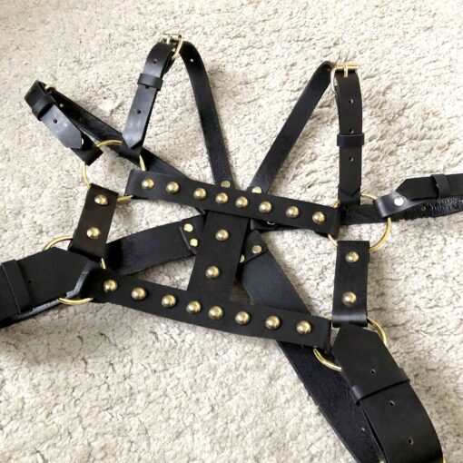 Dovan Masc Studded Black Leather Chest Harness - Image 6