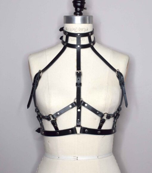 Suzy High Neck Pink Leather Harness Bra - Image 3