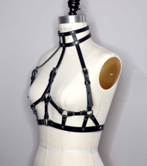 Suzy High Neck Pink Leather Harness Bra - Image 4