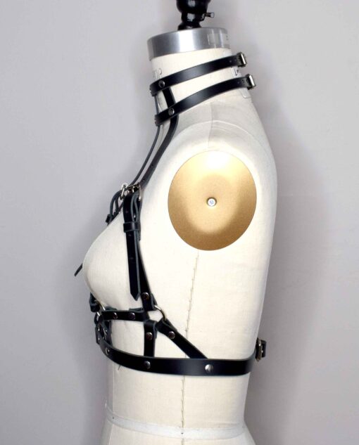Suzy High Neck Pink Leather Harness Bra - Image 5