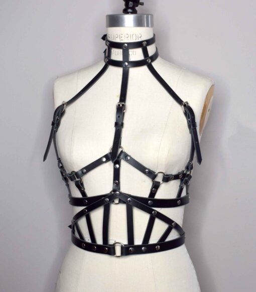 Suzy High Neck Pink Leather Harness Bra - Image 7