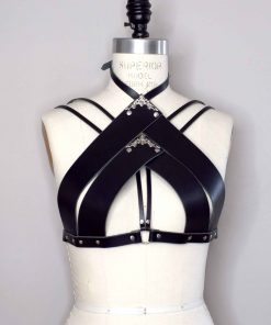 high neck leather bra