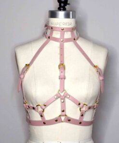 Suzy High Neck Pink Leather Harness Bra