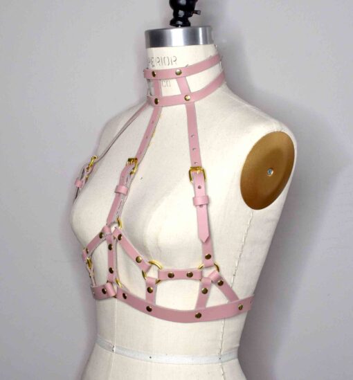 Suzy High Neck Pink Leather Harness Bra - Image 2