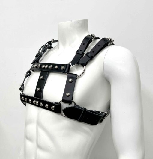 Dovan Masc Studded Black Leather Chest Harness - Image 3