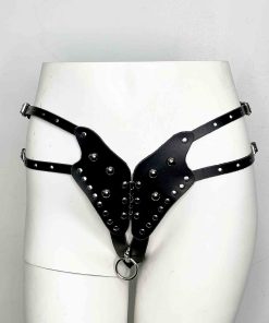 black leather harness thong panty