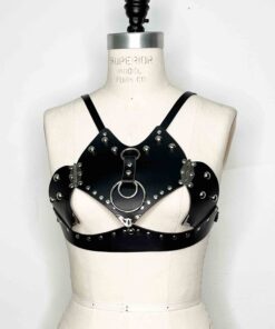 black leather open harness bra