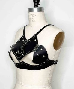 black leather open harness bra